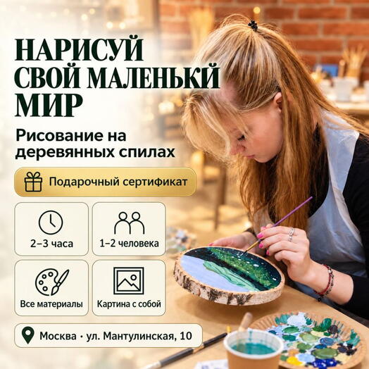 Подарочный сертификат «Рисование на деревянных спилах» (2-3 часа, 1 человек)