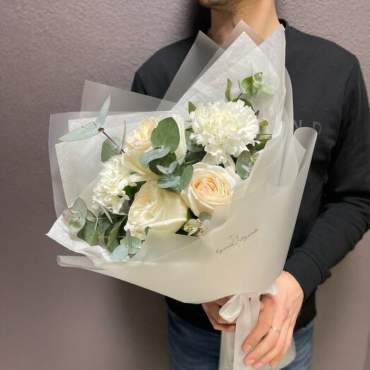 Bouquet "Arctic"(Premium Aromatic Rose O'hara,dianthus (carnation), eucalyptus )