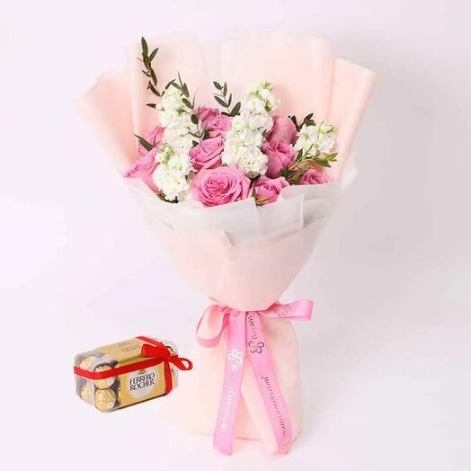 Tender Charm Roses and Stocks Bouquet with Ferrero Rocher