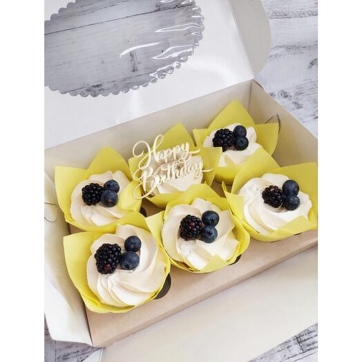 Cupcakes 6 pcs with blackberries and blueberries Happy birthday