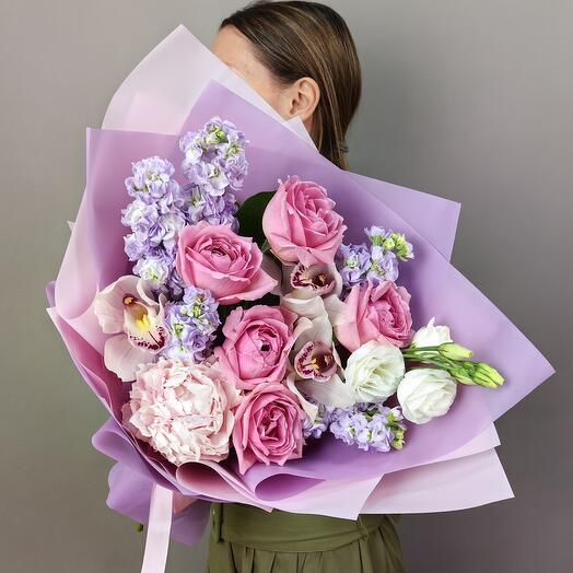 Lavender bouquet of fragrant mattiola and peony