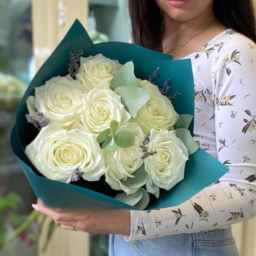 White roses with lavender ,a bouquet in a stylish package