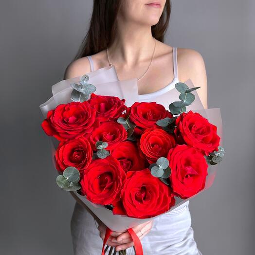 Bouquet of red rose and eucalyptus