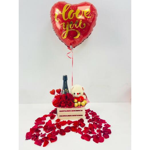 Caja Amour Rosas Rojas San Valentin Botella Champan Globo Personalizado