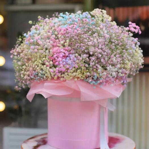 Bouquet of assorted gypsophiles in hatbox