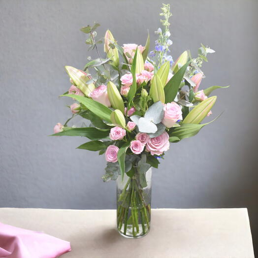 Pinky Garden: Classic Pink Lily and Rose Vase Bouquet with Eucalyptus Accents