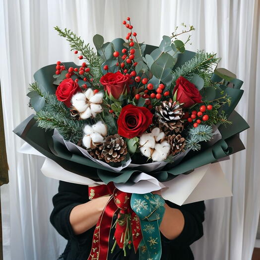 Vibrant Christmas Bouquet With Red Roses And Greenery