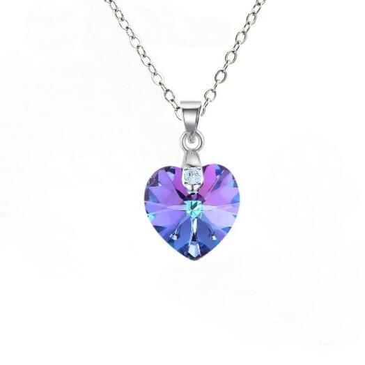 Женская серебристая подвеска сердце HIGHLIGHT с фиолетовым кристаллом Swarovski на цепочке / Элитная ювелирная бижутерия