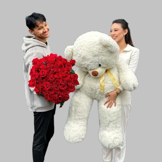 Букет 51 красная роза и Мишка 140 см