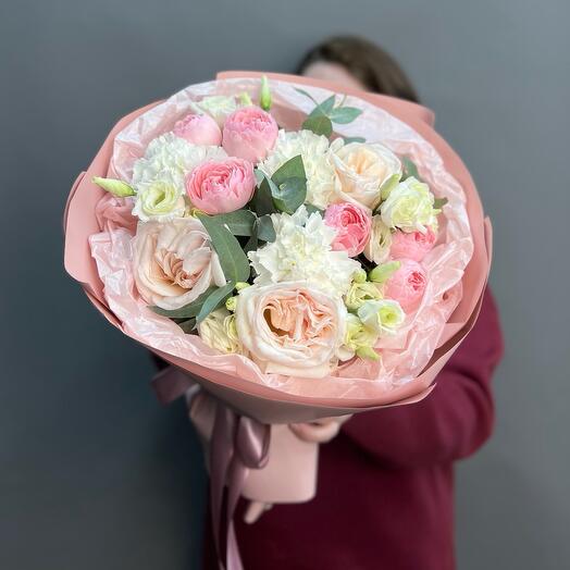 Fragrant bouquet of GF with delicate peony roses and dianthus