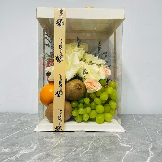 Fruit and Floral Bento Box with Bananas, Grapes, Roses and Kiwi