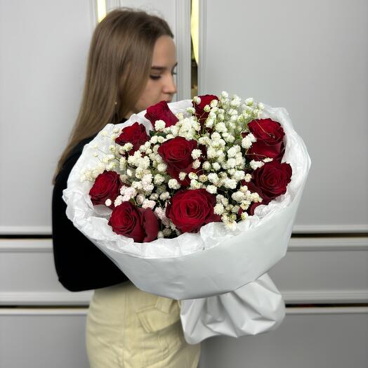 Красная Роза с гипсофилой