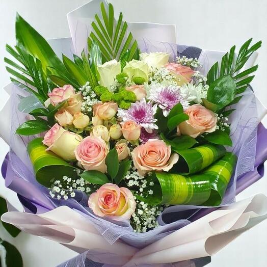 Elegant Rose   Chrysanthemum Bouquet with Green Foliage