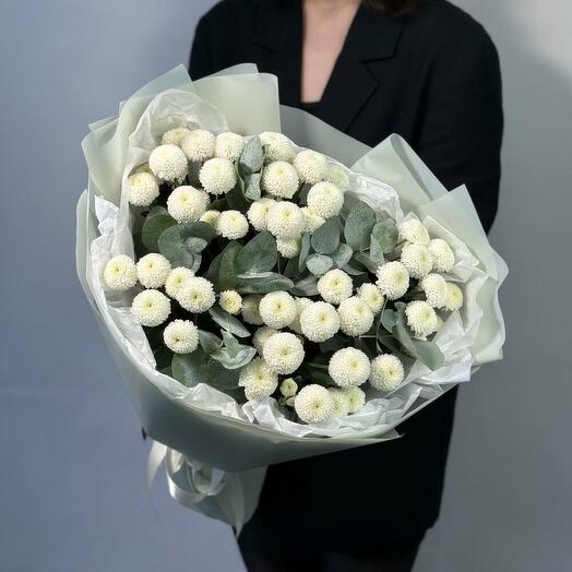 Mono bouquet of white spray chrysanthemums with eucalyptus