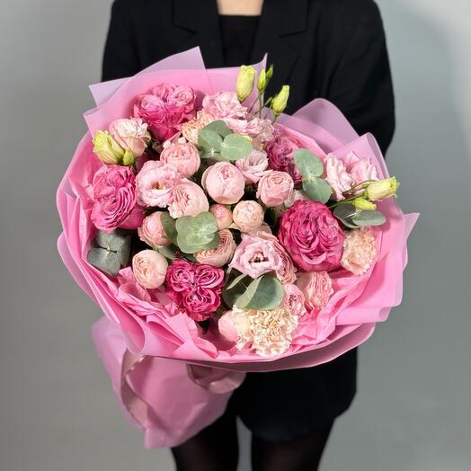 Pink GF bouquet with peony-like roses and double lisianthus