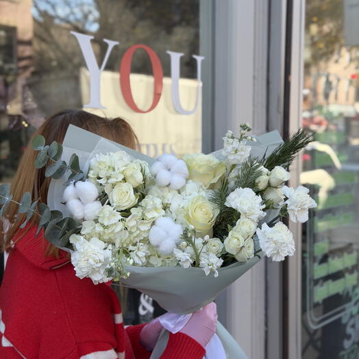"Snow Garden" Bouquet (Hydrangeas, White Roses, Spray Roses, Cotton, Carnations, Eucalyptus, Stocks, Christmas) SMALL SIZE