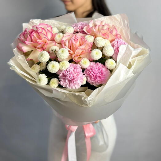 🌷Милый букет с французскими розами, диантусами и хризантемами Ньютон