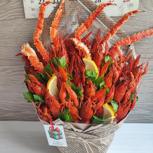 Мужской букет с раками и морепродуктами "54 клешни" подарок папе, мужу, любимому, брату, начальнику