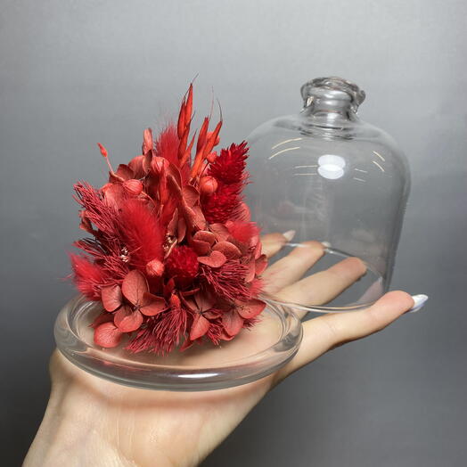 Миниатюра в стеклянном клоше в красных оттенках с гортензией