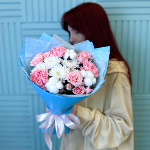 Сборный букет : хлопок, кустовая Роза, диантус , хризантема 💙