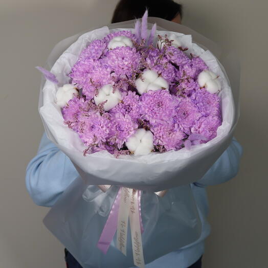 Авторский букет: хризантема, хлопок и лагурус💜