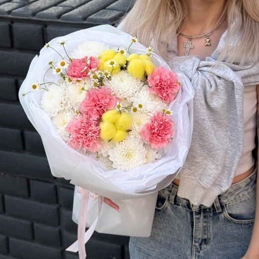 🌼 Летний букет - хризантема, хлопок, ромашка и диантусы
