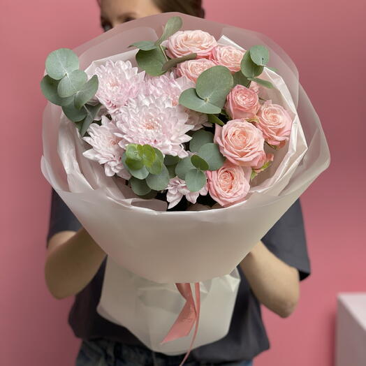 Букет из хризантем и пионовидных роз💖Романс💖