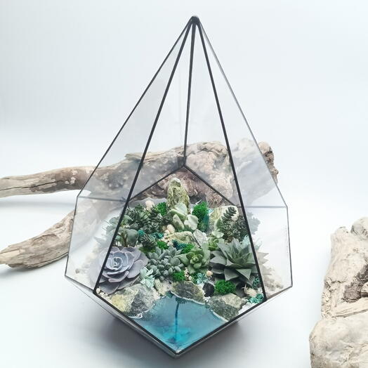 Florarium with succulents "Tiffany" with lake Drop 26x35cm