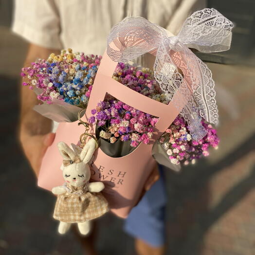 Гипсофила в сумочке с мягкой игрушкой 🧸