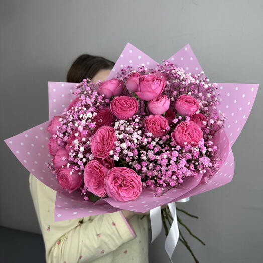 Букет нежный микс из Кустовой розы Жизель и облако Гипсофилы💞
