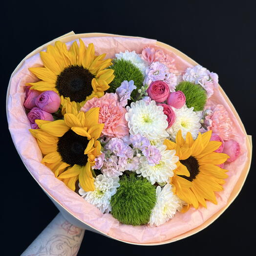 Дофаминовый букет с подсолнухами и пионовидной розой 🌻🎀