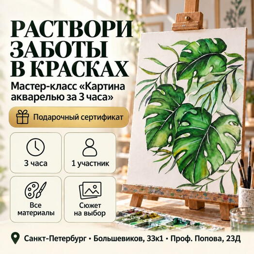 Подарочный сертификат «Мастер класс Картина акварелью за 3 часа» (3 часа, 1 человек в составе группы)