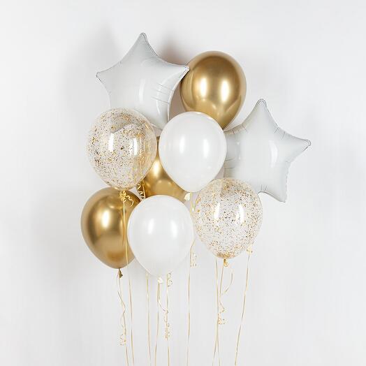 Набор шаров с гелием "Счастливого дня рождения. Белый с золотом" из 9 шт