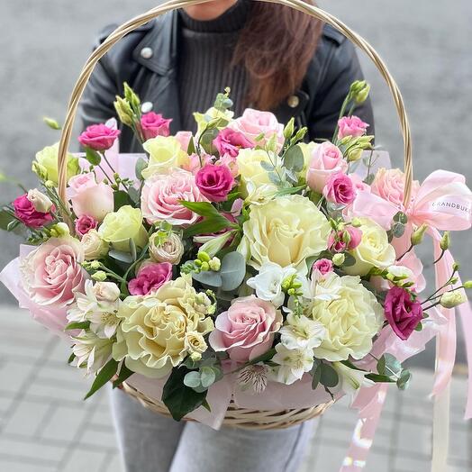 Beautiful basket with roses in delicate shades for mom, sister, wife, friend