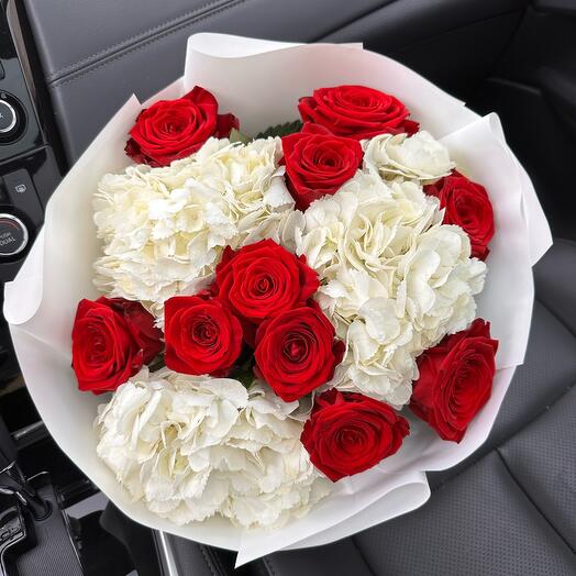 Red roses with hydrangeas