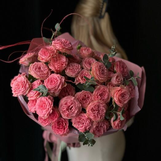 Mono bouquet of bushy peony rose and eucalyptus "Gentle kiss"