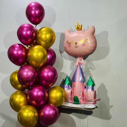 Helium balloons with a princess kitty and castle, 22 pcs.