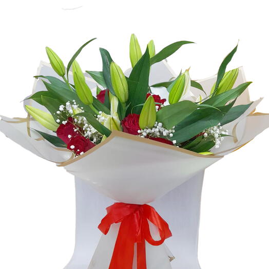 Lily and Rose Flower Bouquet Elegant Floral Arrangement