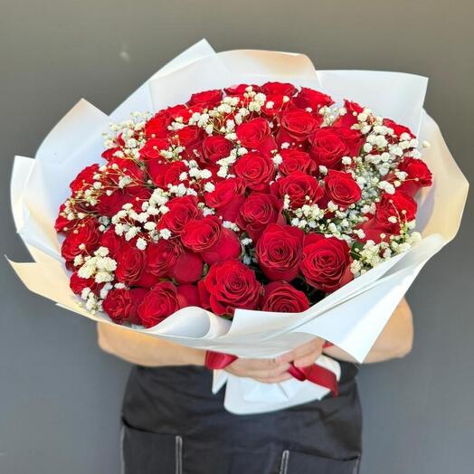 -20%АКЦИЯ🌹Классика |51 Кенийские розы| гипсофила|оформление|оформление|Цветы в Уфе
