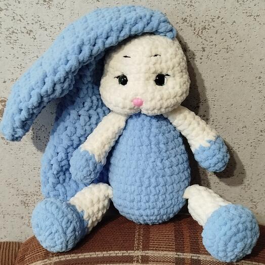 Зайка большой голубой с белый