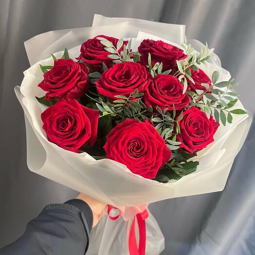 Bouquet of 9 burgundy roses with greenery