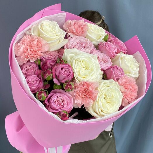 Author's bouquet with peony-shaped roses (bushy peony-shaped roses, dianthuses)
