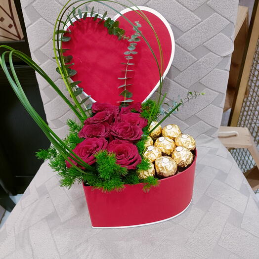 Chocolate Flowers in Heart Box Arrangement