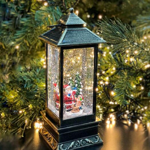 Lantern Santa Claus with a child, waterspinning, LED-Antic brown