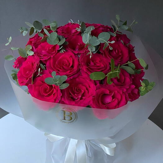 Raspberry roses + eucaliptus