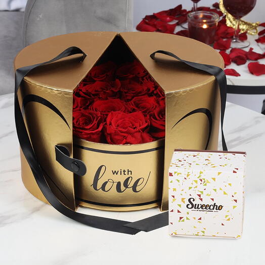 Golden Memories Red Roses Love Box and Chocolates