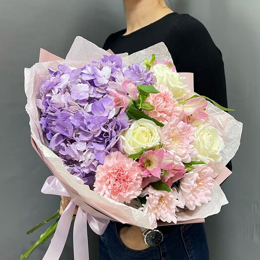 Bouquet with lavender hydrangea, bush chrysanthemum, bush alstroemeria, white roses and carnations