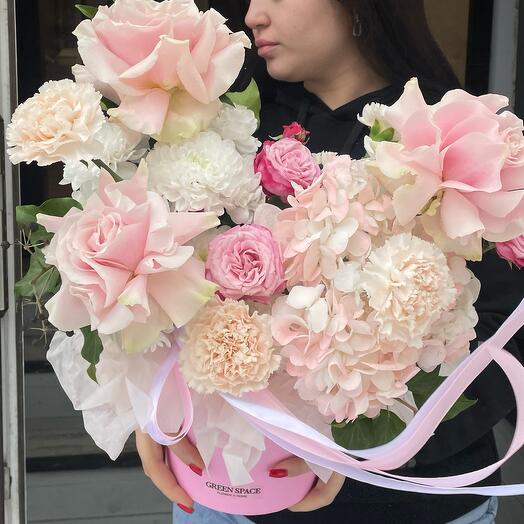 Flowers in a box of French roses and hydrangeas