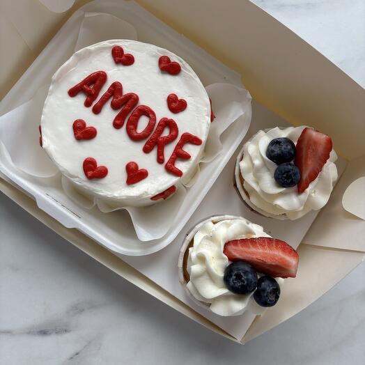 Set of bento cake and cupcakes with berries AMORE for Valentine s Day
