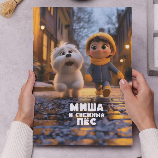 Именная книга сказка для девочки "Миша и снежный пёс"